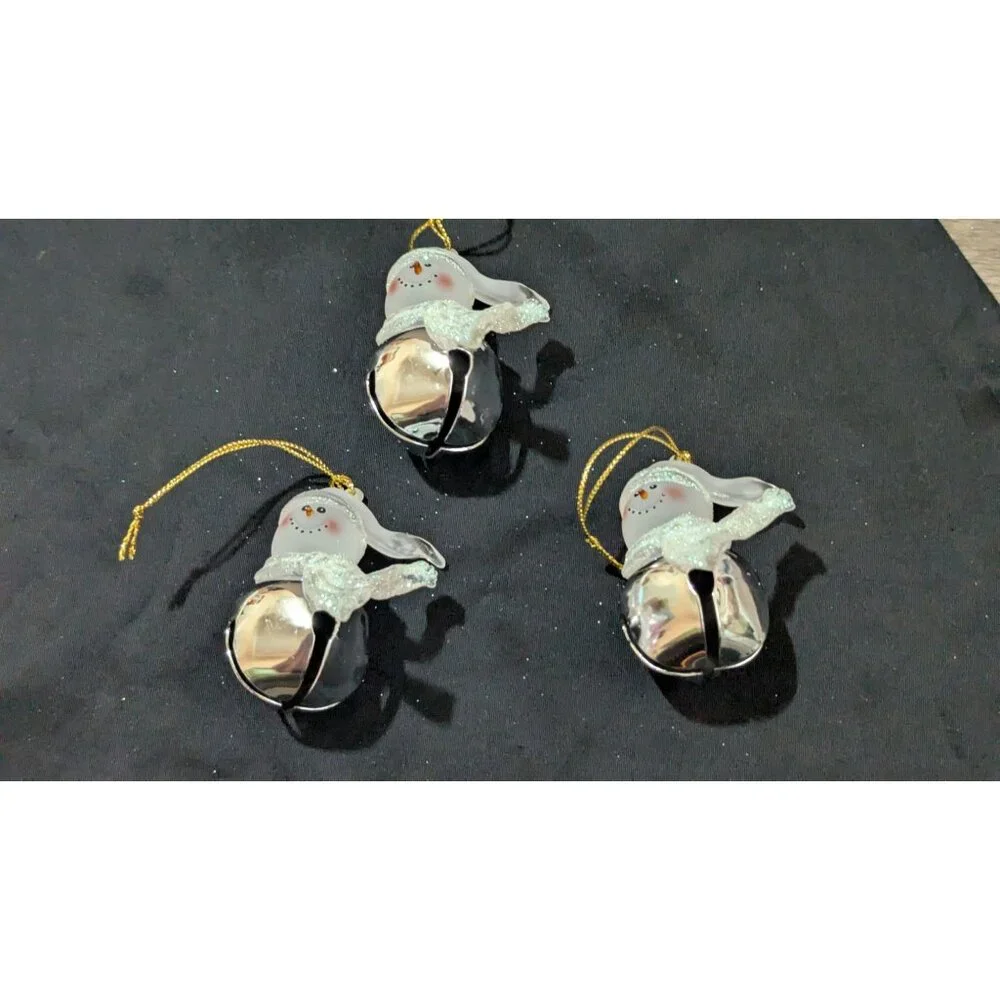 Snowman Bell Christmas Ornaments Set Of 3 Hanging Decorations Frosted & Silver S